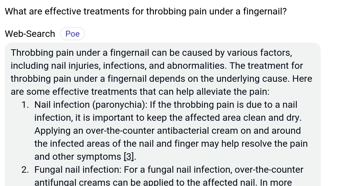 What are effective treatments for throbbing pain under a fingernail? Poe