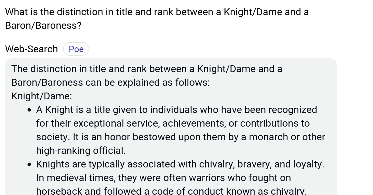 What is the distinction in title and rank between a Knight/Dame and a Baron/Baroness? Poe