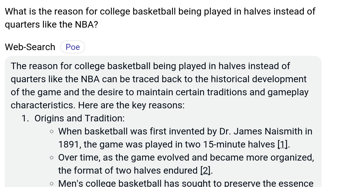 What is the reason for college basketball being played in halves