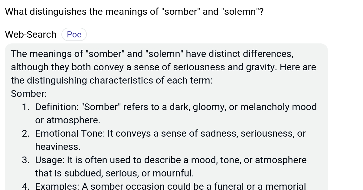 What distinguishes the meanings of "somber" and "solemn"? Poe