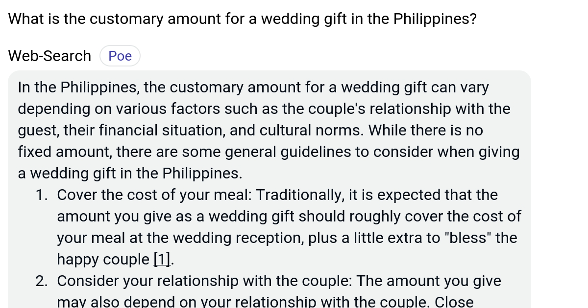 What is the customary amount for a wedding gift in the Philippines? Poe