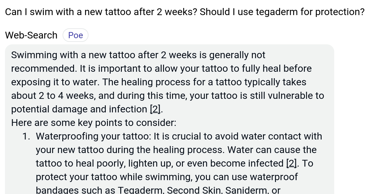 Can I swim with a new tattoo after 2 weeks? Should I use tegaderm for