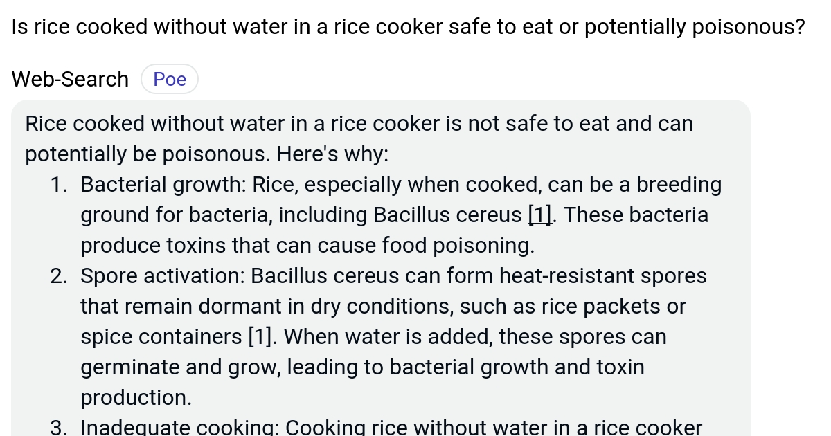 Is rice cooked without water in a rice cooker safe to eat or potentially poisonous? Poe