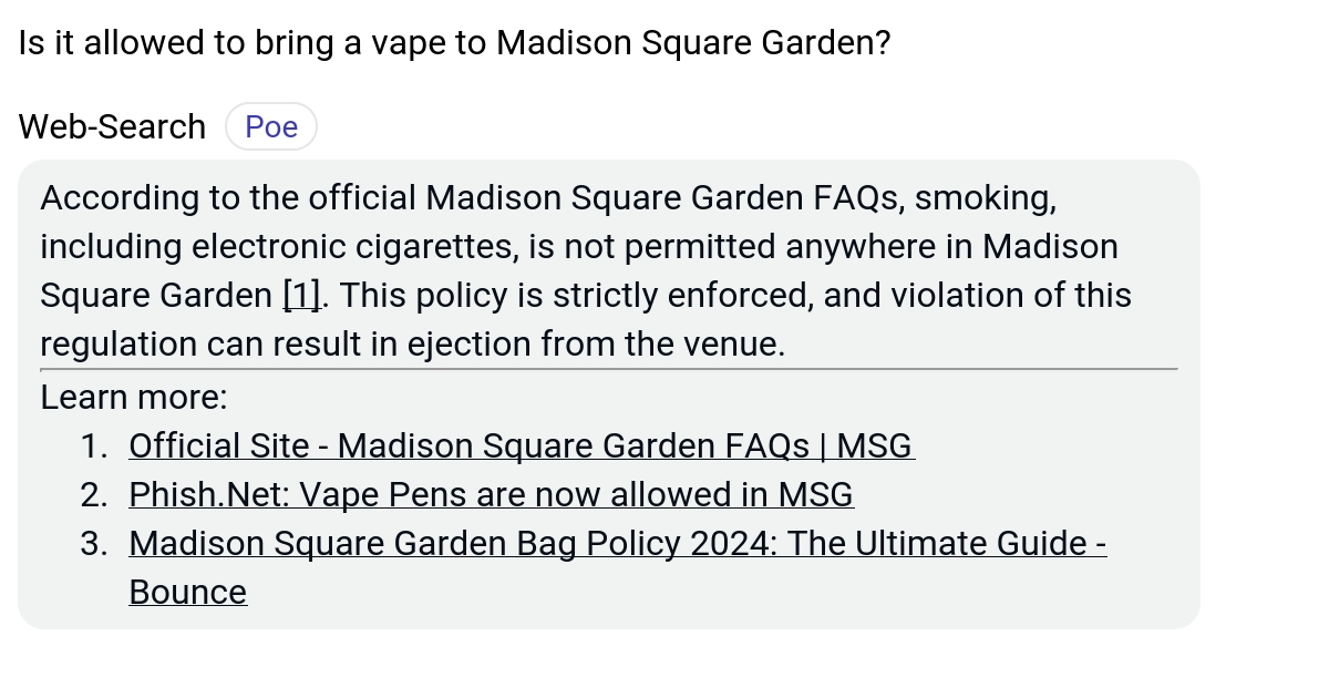 Is it allowed to bring a vape to Madison Square Garden? Poe