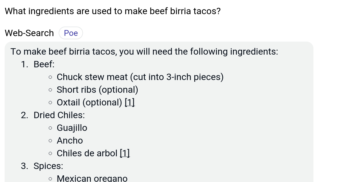 What ingredients are used to make beef birria tacos? Poe