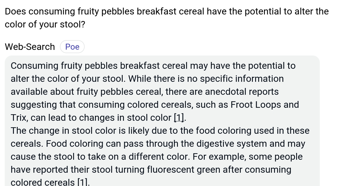 Does consuming fruity pebbles breakfast cereal have the potential to