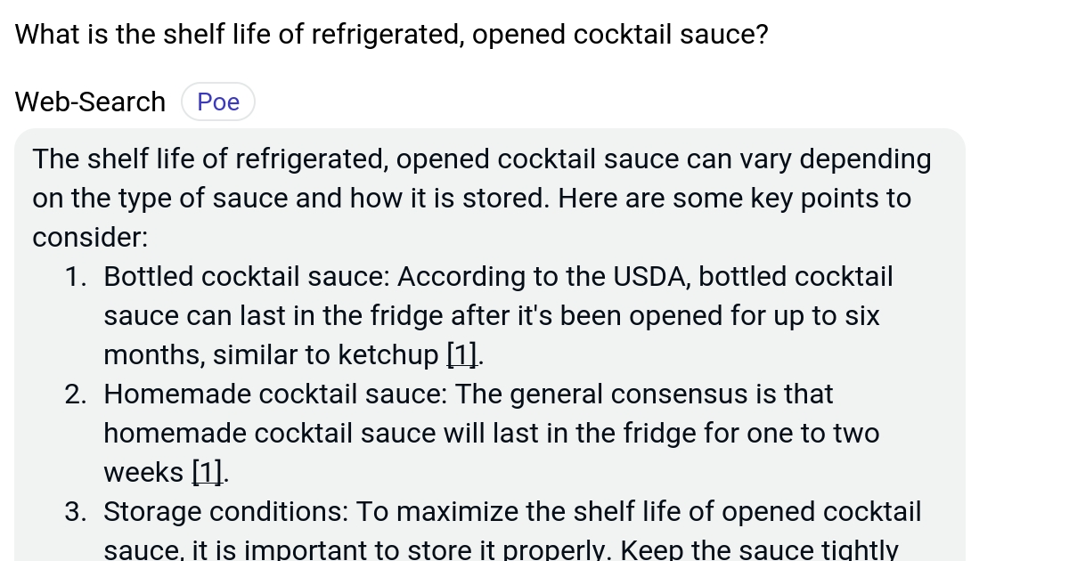 What is the shelf life of refrigerated, opened cocktail sauce? Poe