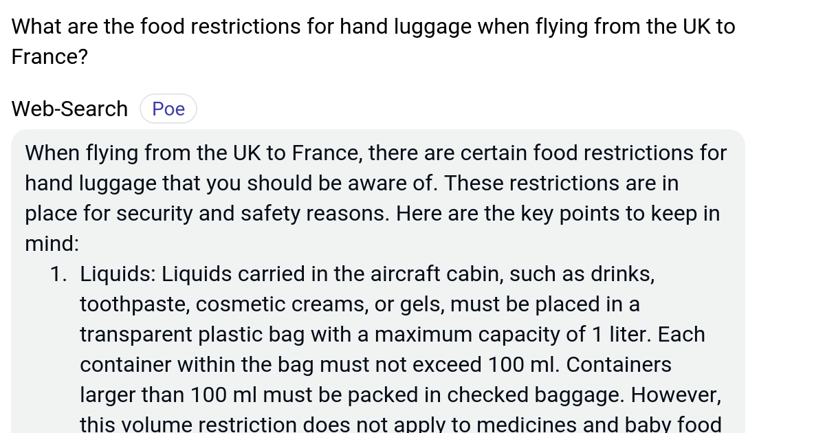 What are the food restrictions for hand luggage when flying from the UK