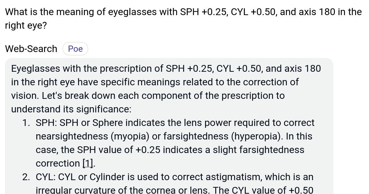 What is the meaning of eyeglasses with SPH +0.25, CYL +0.50, and axis