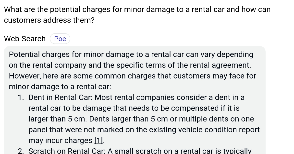 What are the potential charges for minor damage to a rental car and how