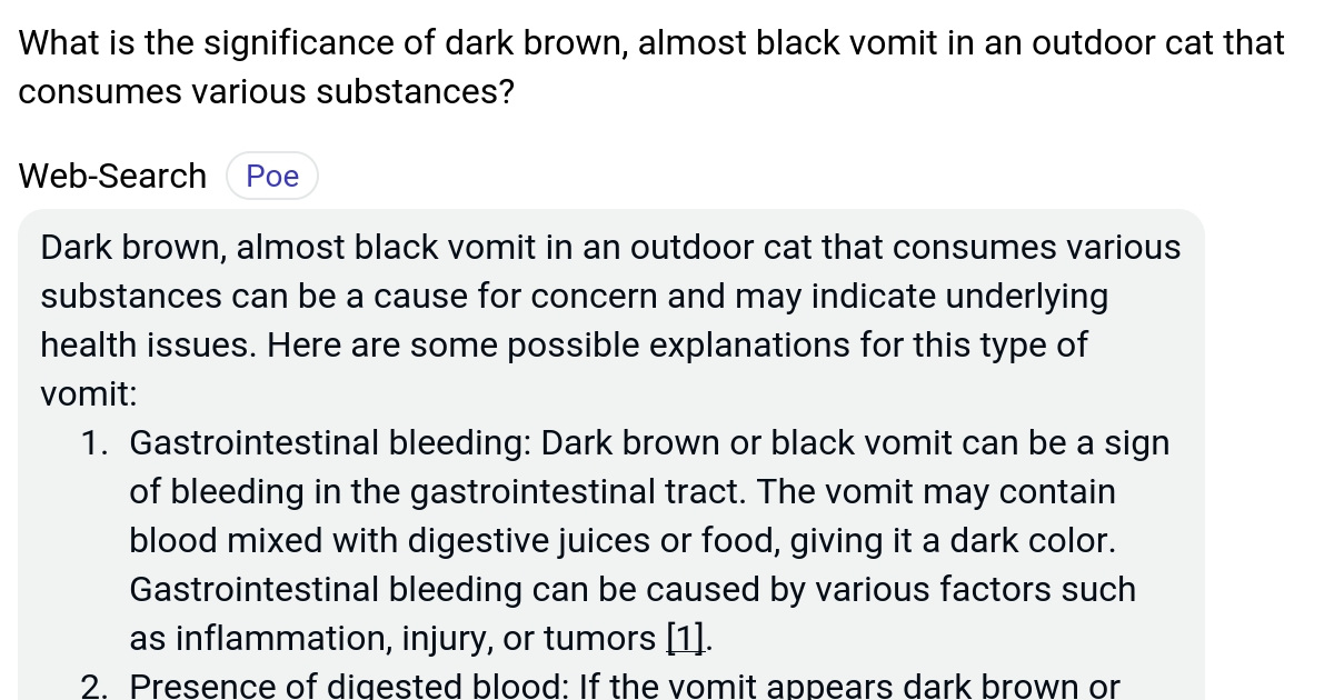 What is the significance of dark brown, almost black vomit in an