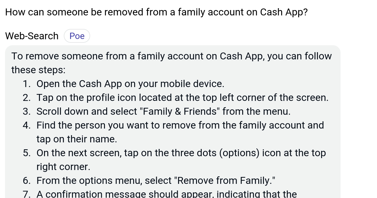 How can someone be removed from a family account on Cash App? Poe