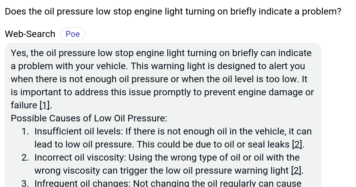 Does the oil pressure low stop engine light turning on briefly indicate