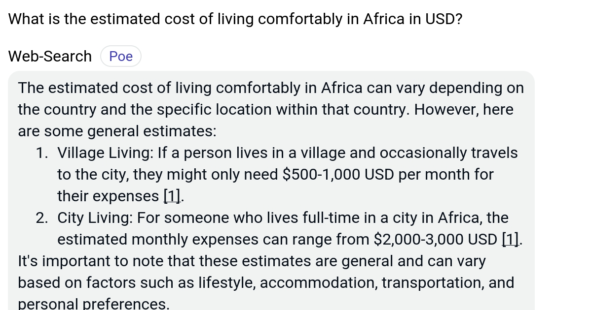 What is the estimated cost of living comfortably in Africa in USD? Poe