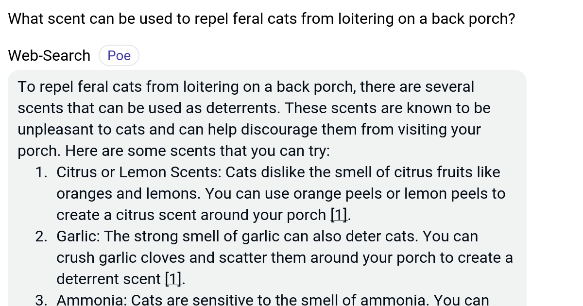 What scent can be used to repel feral cats from loitering on a back
