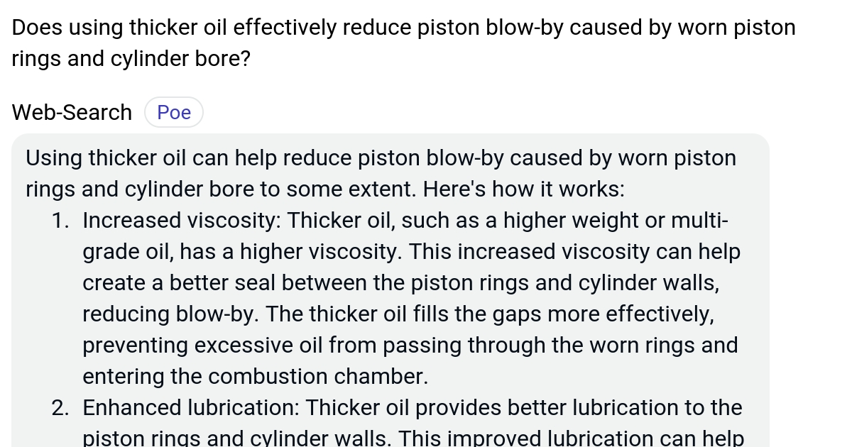 Does using thicker oil effectively reduce piston blowby caused by worn