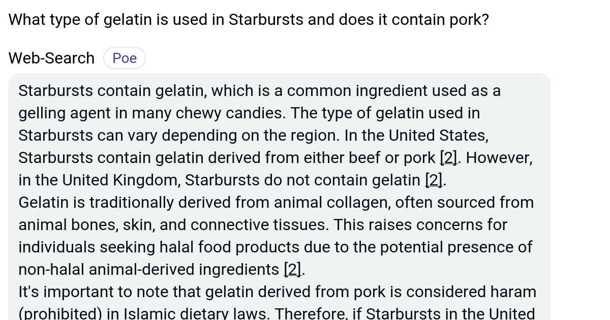 What type of gelatin is used in Starbursts and does it contain pork? Poe