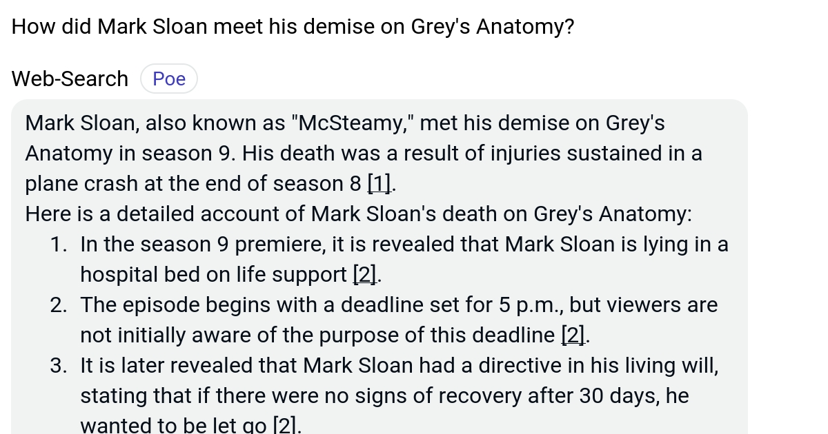 How did Mark Sloan meet his demise on Grey's Anatomy? Poe
