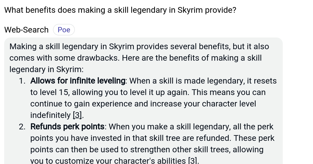 What benefits does making a skill legendary in Skyrim provide? Poe