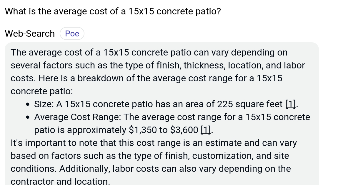 What is the average cost of a 15x15 concrete patio? Poe
