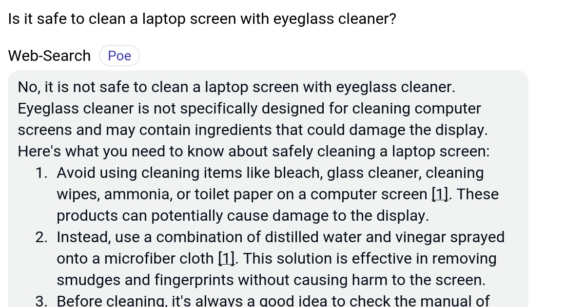 Is it safe to clean a laptop screen with eyeglass cleaner? Poe