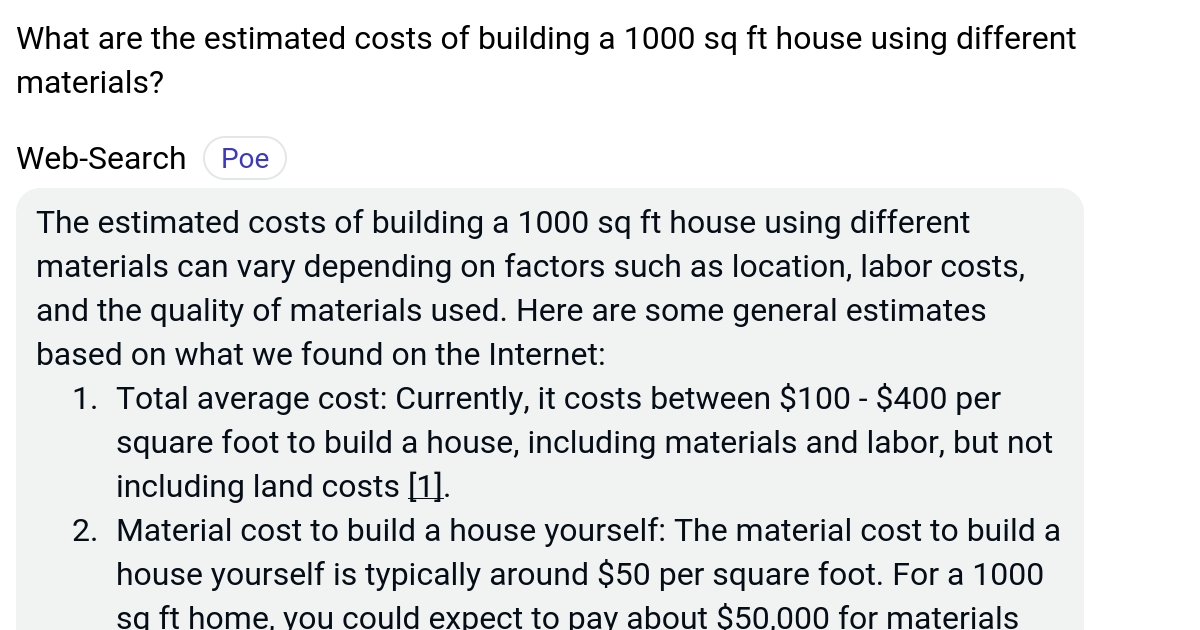 What are the estimated costs of building a 1000 sq ft house using
