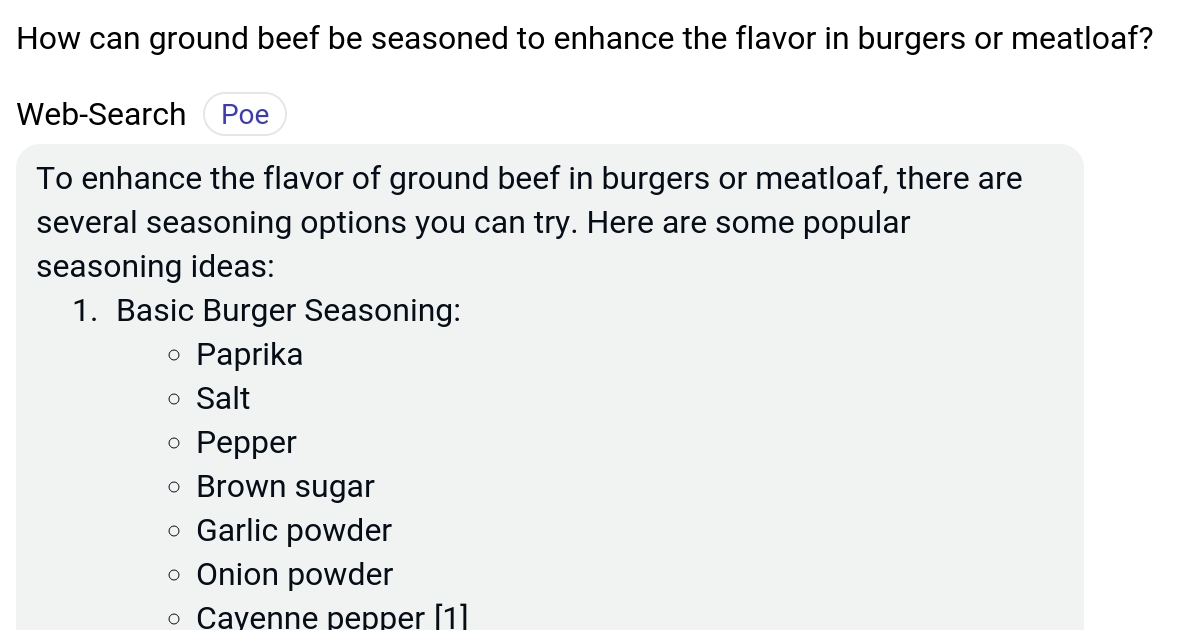 How can ground beef be seasoned to enhance the flavor in burgers or