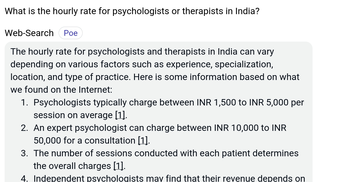 What is the hourly rate for psychologists or therapists in India? Poe