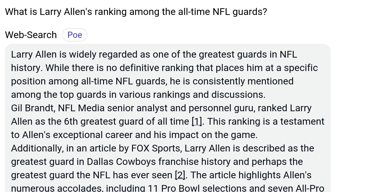 What is Larry Allen's ranking among the alltime NFL guards? Poe