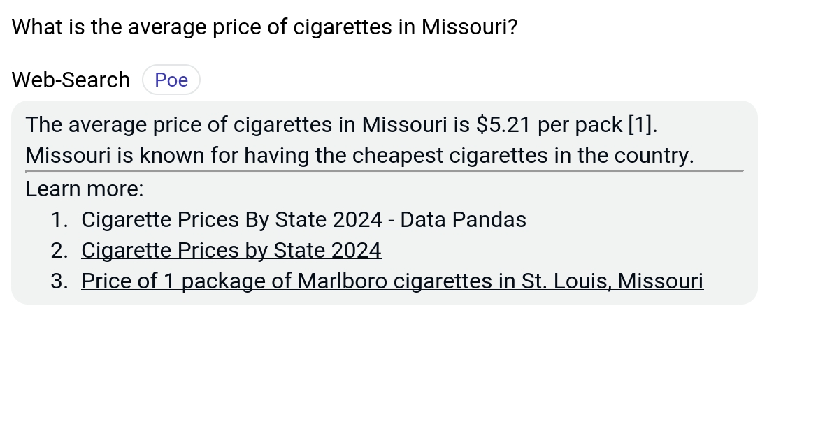 What is the average price of cigarettes in Missouri? Poe