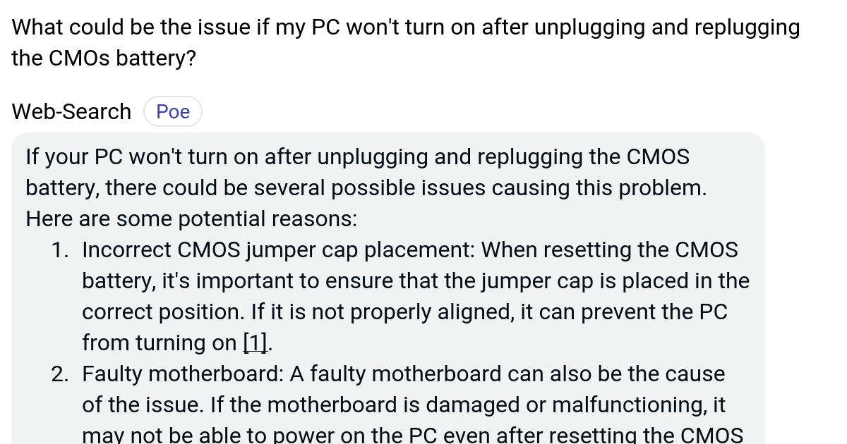 What could be the issue if my PC won't turn on after unplugging and replugging the CMOs battery