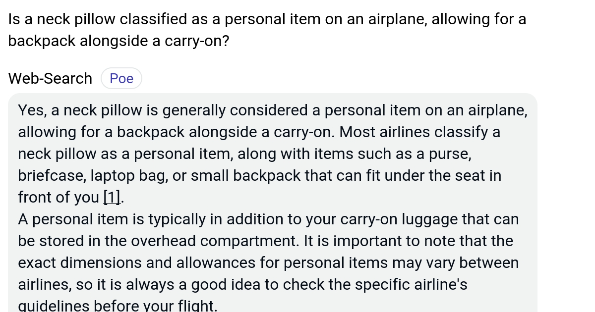 Is a neck pillow classified as a personal item on an airplane, allowing