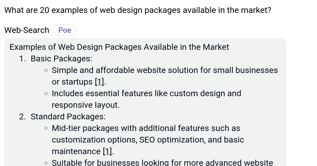 What are 20 examples of web design packages available in the market? Poe