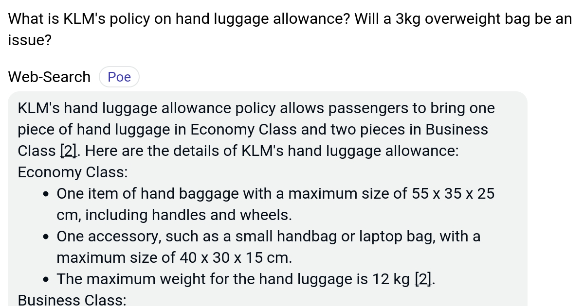 What is KLM's policy on hand luggage allowance? Will a 3kg overweight