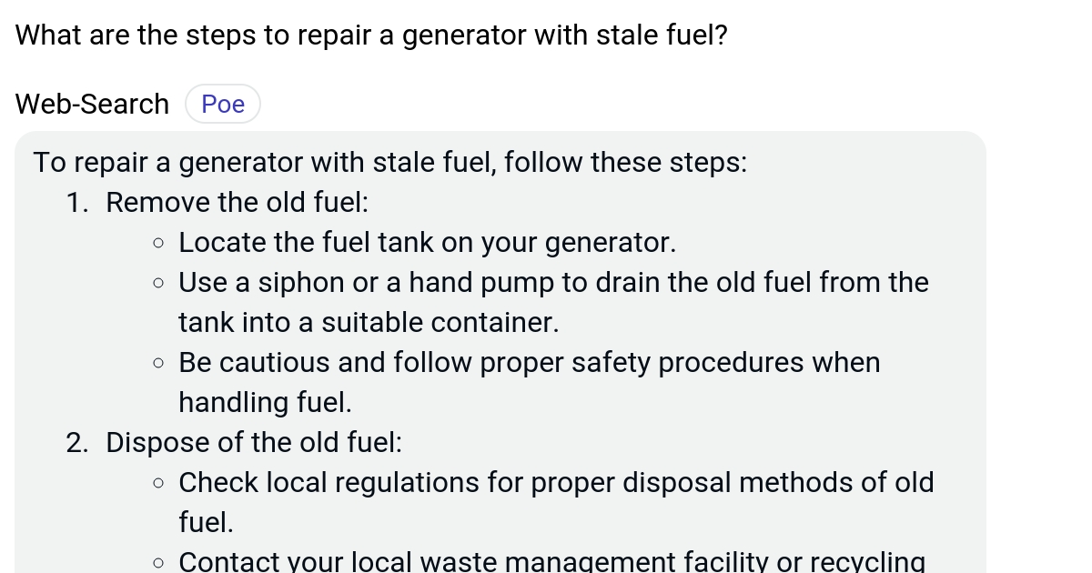 What are the steps to repair a generator with stale fuel? Poe