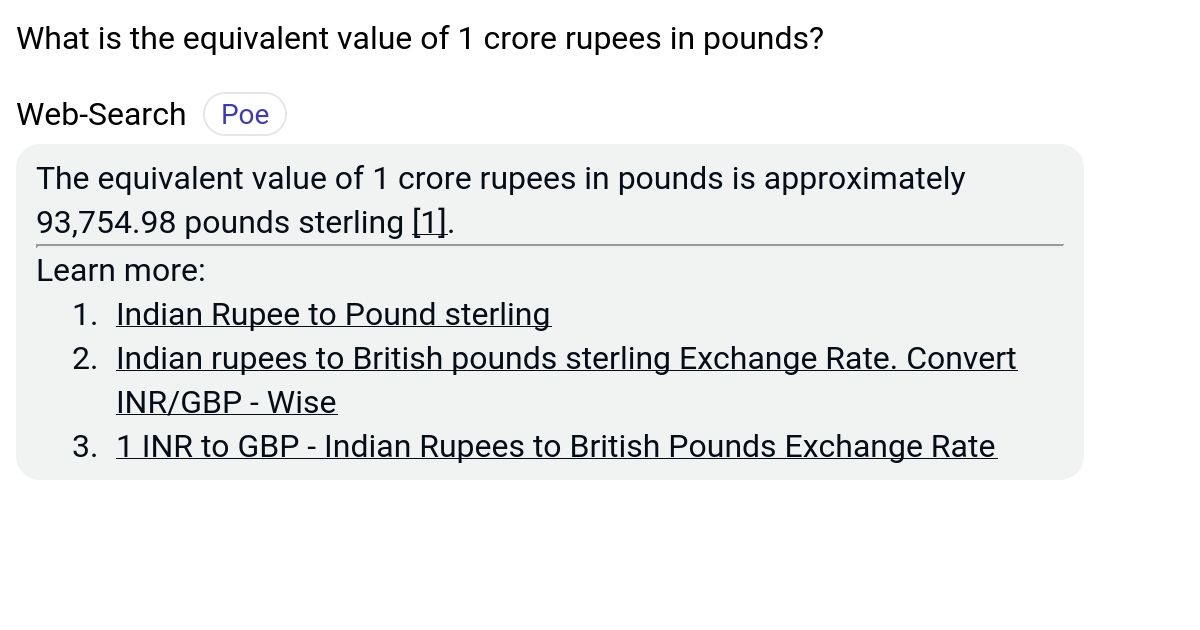 What is the equivalent value of 1 crore rupees in pounds? Poe