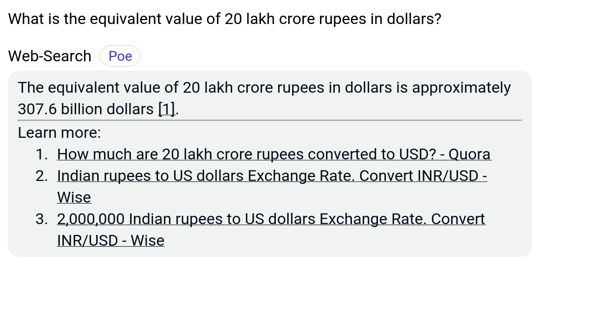 What is the equivalent value of 20 lakh crore rupees in dollars? Poe
