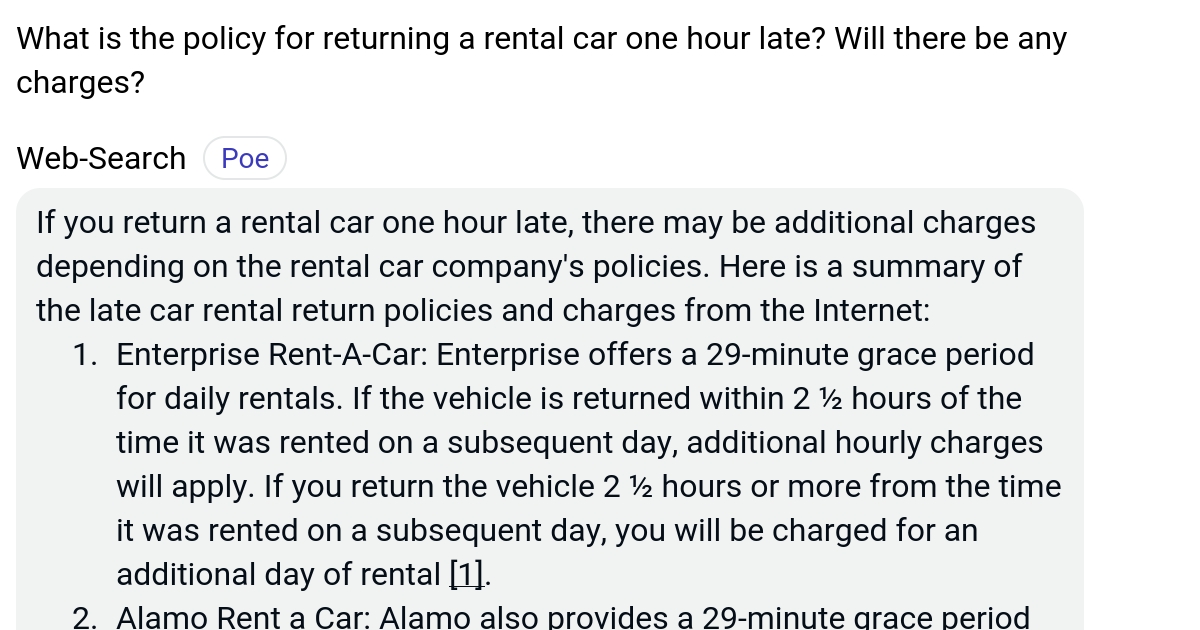 What is the policy for returning a rental car one hour late? Will there