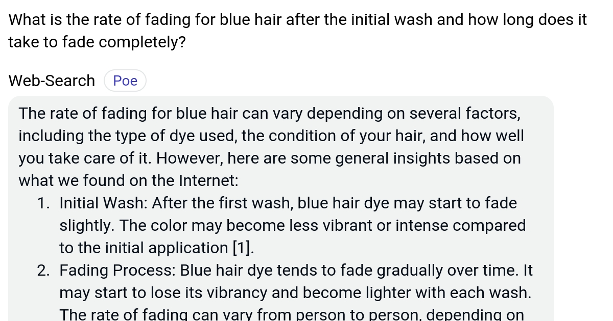 What is the rate of fading for blue hair after the initial wash and how
