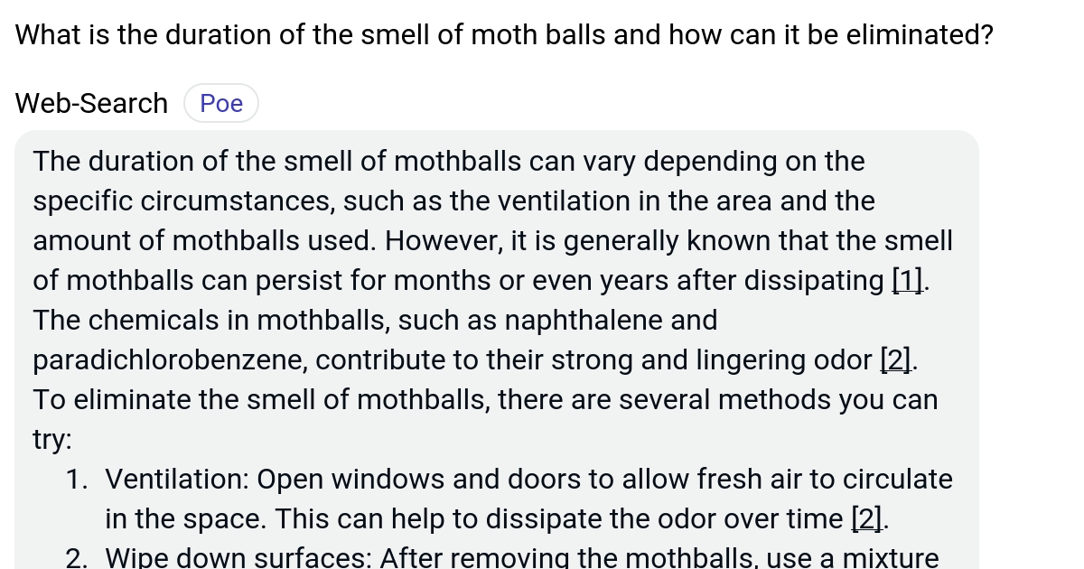 What is the duration of the smell of moth balls and how can it be eliminated? Poe