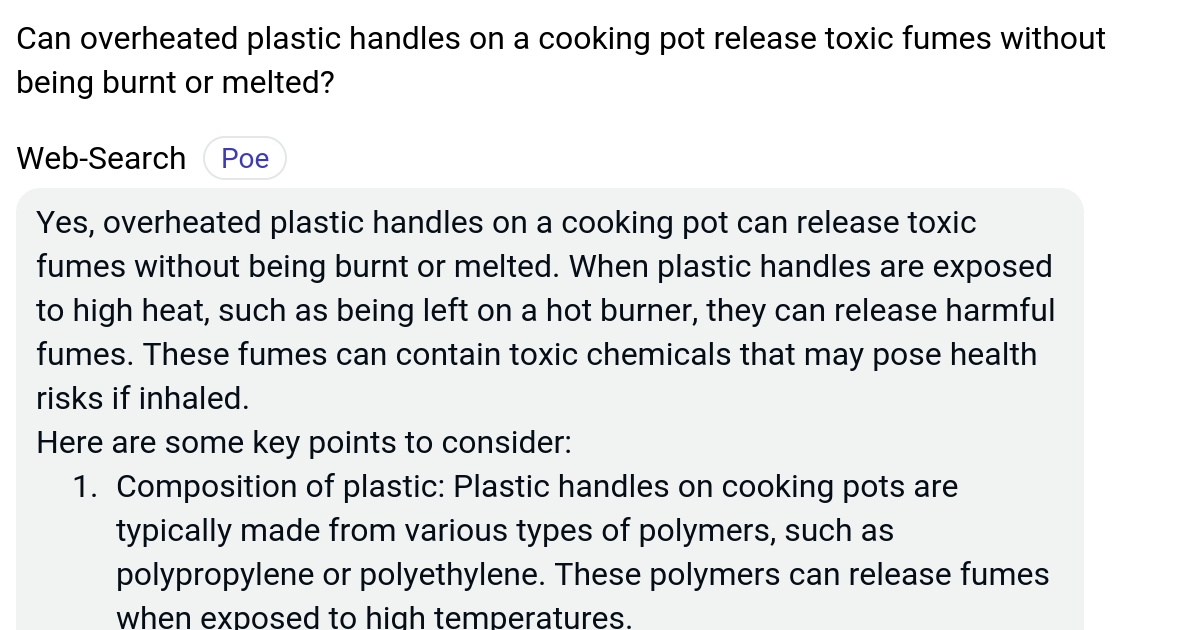 Can overheated plastic handles on a cooking pot release toxic fumes