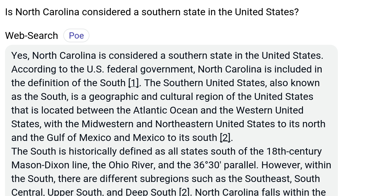 Is North Carolina considered a southern state in the United States? Poe