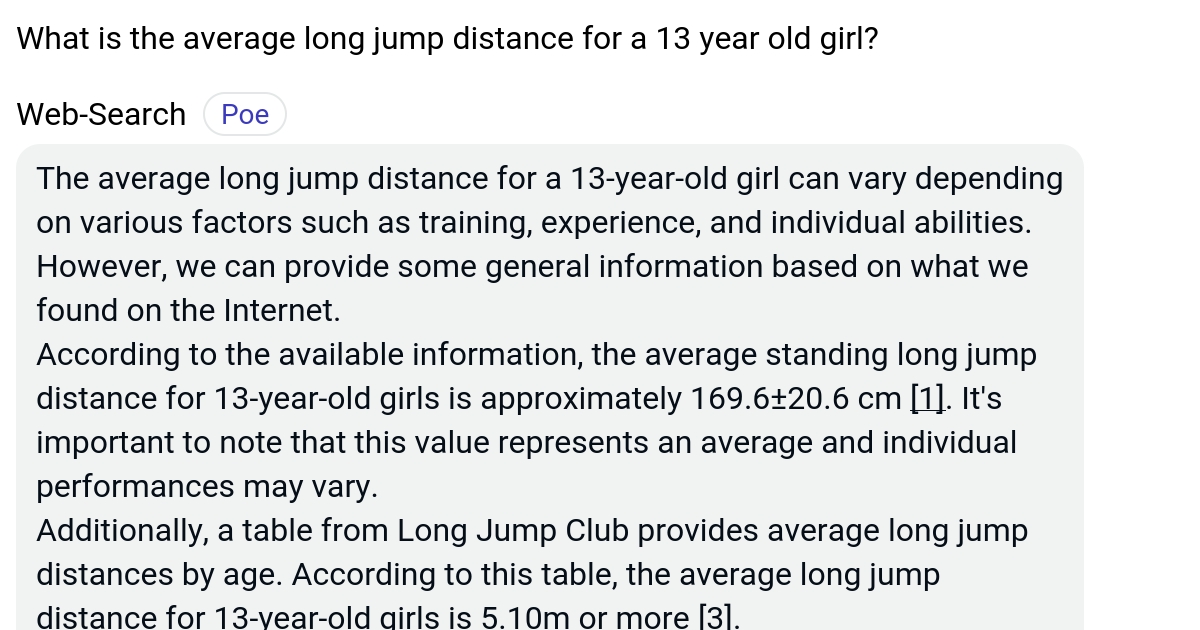 What is the average long jump distance for a 13 year old girl? Poe