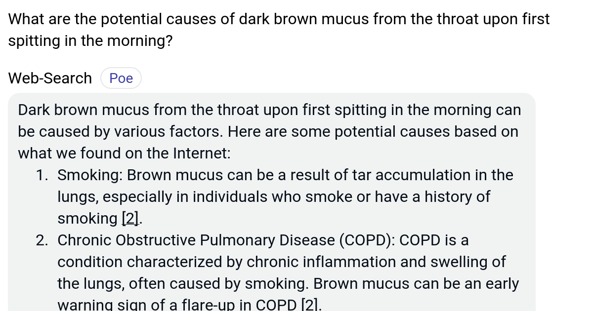 What are the potential causes of dark brown mucus from the throat upon