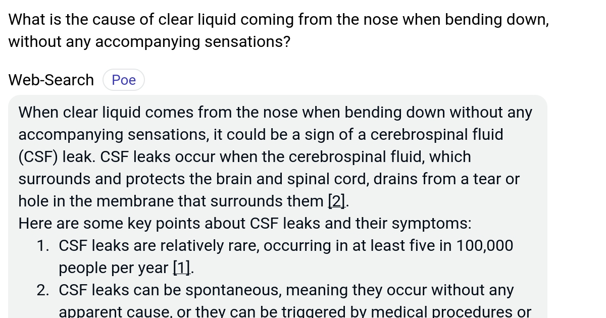 What is the cause of clear liquid coming from the nose when bending