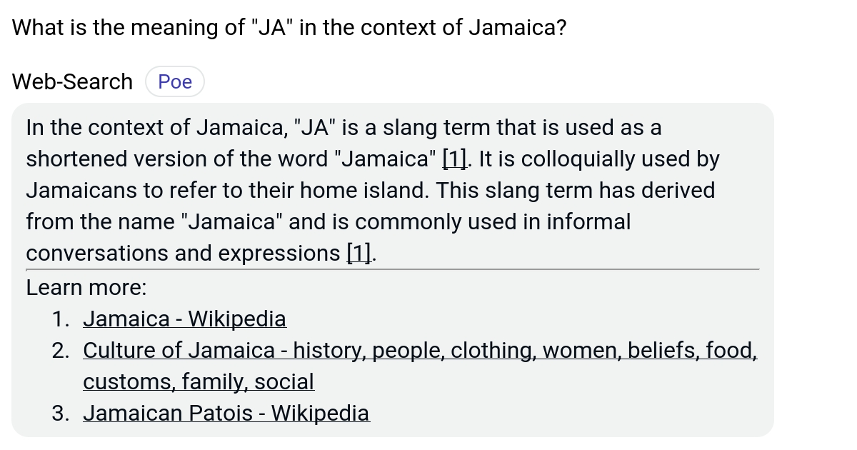 What is the meaning of "JA" in the context of Jamaica? Poe
