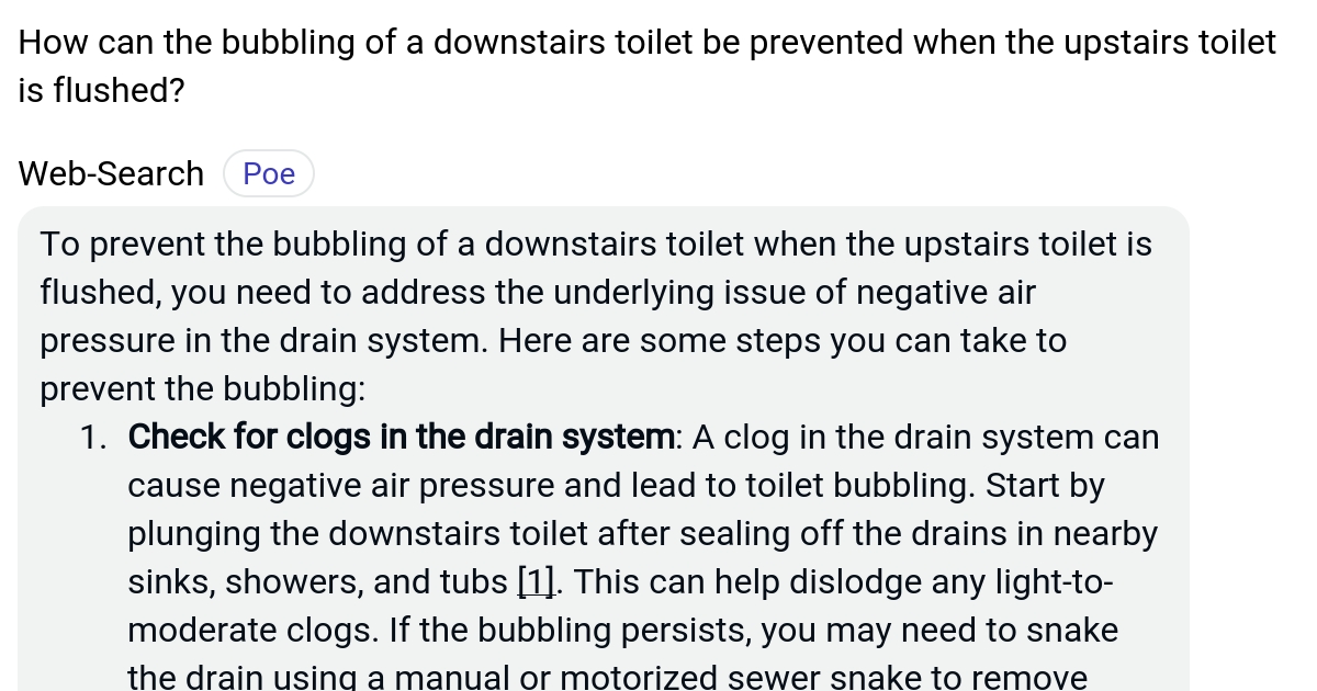How can the bubbling of a downstairs toilet be prevented when the