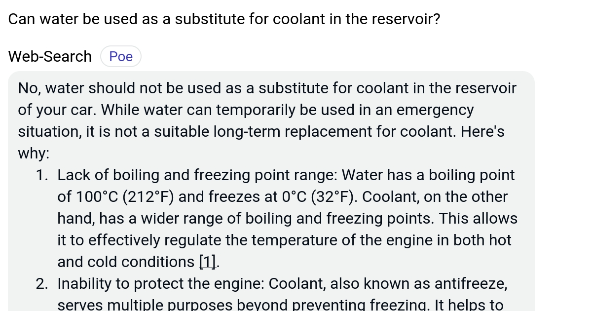 Can water be used as a substitute for coolant in the reservoir? Poe