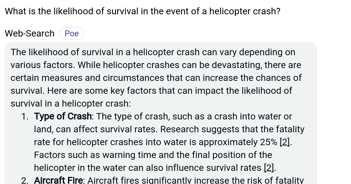 What is the likelihood of survival in the event of a helicopter crash