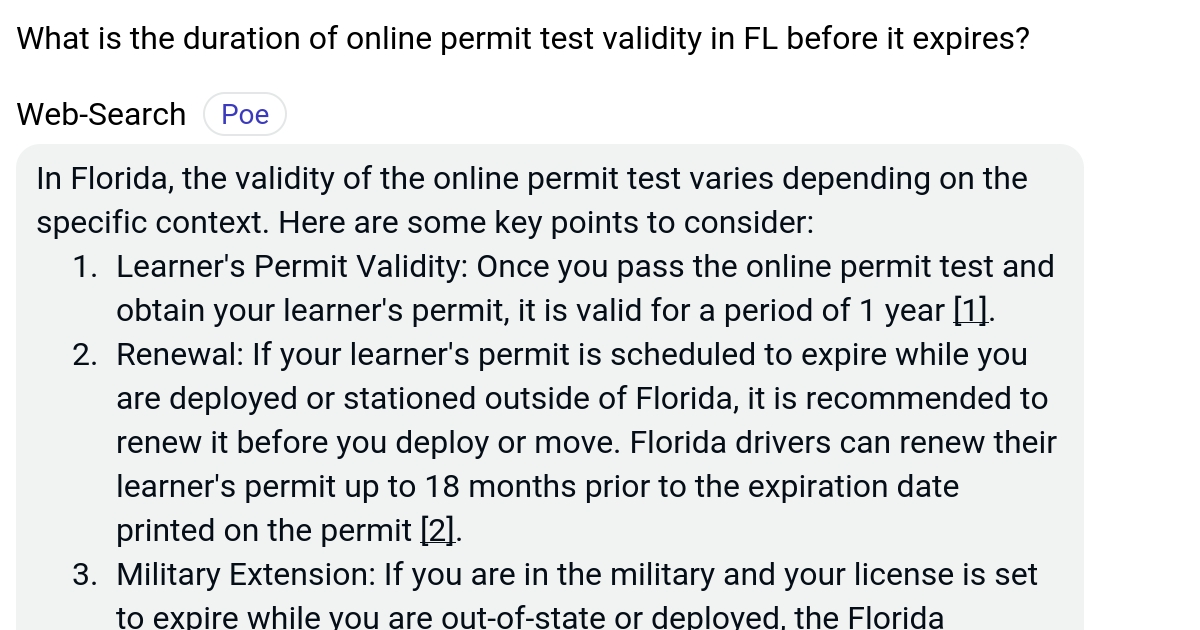 What is the duration of online permit test validity in FL before it